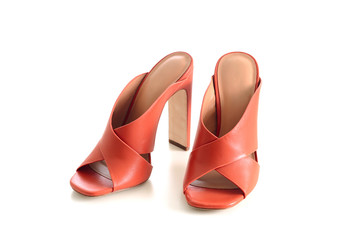 Open toe criss cross leather mule shoes isolated on white background. Fashion heels shoes,...