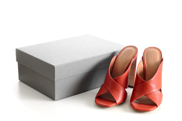 Open toe criss cross leather mule shoes with the cardboard shoebox isolated on white background. Fashion heels shoes, terracotta color.