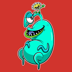 Cute Monster friend with flowers doodles cartoon vector