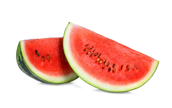 sliced red watermelon isolated on white background, perfect retouched