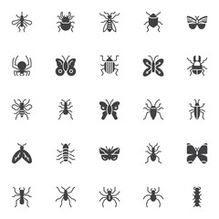 Bugs and insects vector icons set, modern solid symbol collection, filled style pictogram pack. Signs, logo illustration. Set includes icons as cockroach, butterfly, beetle, mosquito, grasshopper © alekseyvanin