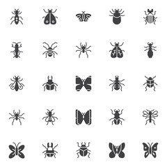 Insects and bugs vector icons set, modern solid symbol collection, filled style pictogram pack. Signs, logo illustration. Set includes icons as moth, flea, cockroach, tick animal, wasp, beetle, fly