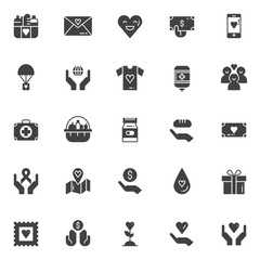 Charity elements vector icons set, modern solid symbol collection, filled style pictogram pack. Signs, logo illustration. Set includes icons as Donation food, heart, hand with money, Blood transfusion
