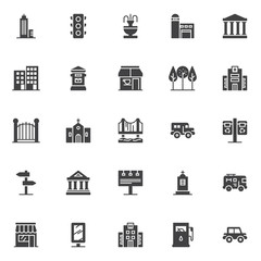 City buildings vector icons set, modern solid symbol collection, filled style pictogram pack. Signs logo illustration. Set includes icons as Skyscraper, Traffic light, Fountain, Fire station, Hospital