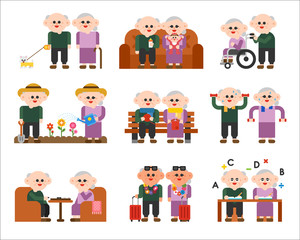 old couple happy life vector flat design illustration set 