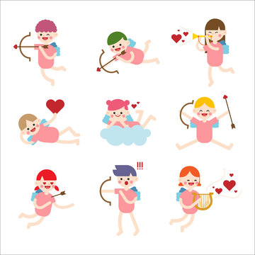 cute baby god of love cupid character vector flat design illustration set 
