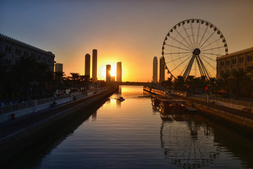 An iconic feature of Al Qasba Waterfront in Sharjah, United Arab Emirates, is the Eye of the Emirates Ferris Wheel, which offers spectacular views of the city and lagoons. 