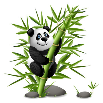 Smiling cartoon panda hanging on bamboo. Vector clip art illustration.