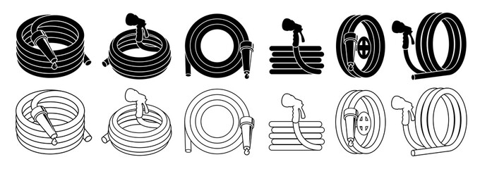 Garden hose or fire hose set, isolated on white vector icon.