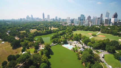 Atlanta Aerial v319 Flying low over Piedmont Park sunny full cityscape 9/17