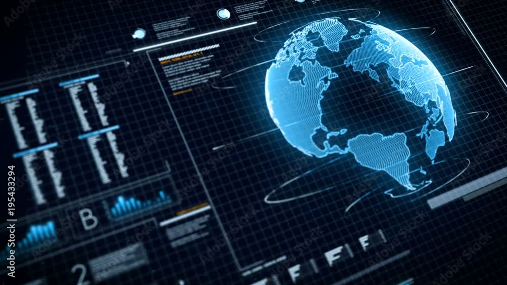 Poster ui user interface dark blue background with world map graph bar pi and hud element for cyber technol