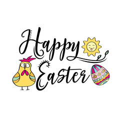 Happy Easter greeting text decorate with sun,  Easter egg and chicken