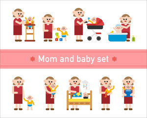 Various ways your mom cares for your baby vector flat design illustration set 
