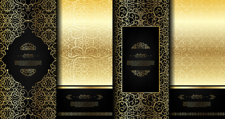 Arabesque abstract eastern element classy black and gold background card template vector set