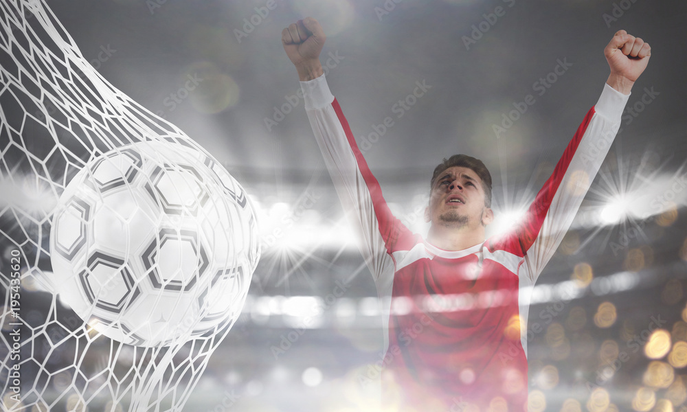 Poster background of a soccer ball scores a goal on the net. 3d rendering
