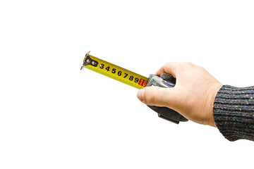 Measuring tool. Hand with a tape measure isolated on white background