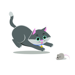 Gray funny cat jumping playing with a little quick mouse. Cartoon Characters.