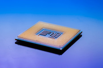 technology cyber electronic concept. cpu ram computer on blue light background