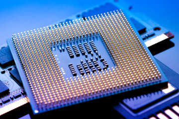 technology cyber electronic concept. cpu ram computer on blue light background