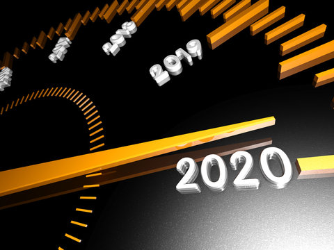 Conceptual 2020 New Year Speedometer on a black background. 3d Rendering