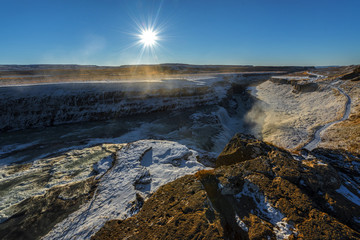 Beautiful Gullfoss waterfall at sunset. Iceland, nature