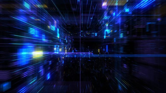 Futuristic HUD tunnel seamless VJ loop. HUB display screens ffor tech titles and background, news headline business intro. Motion graphic for abstract datacenter, server, internet, speed. 4K 3D render