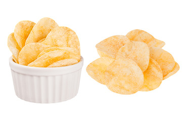 Set of crunchy golden potato chips as heap and in ceramics bowl isolated on white background. Fast food template for menu, advertising, cover.