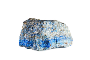 Fototapeta premium Macro shooting of natural gemstone. Raw mineral lazurite. Pakistan. Isolated object on a white background.