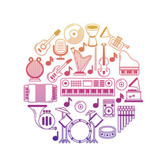 Naklejka premium Bright vector music poster with musical instruments icons