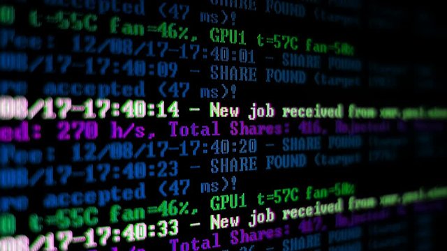 Mining Cryptocurrency process program on display PC. Using Software. Share Found.