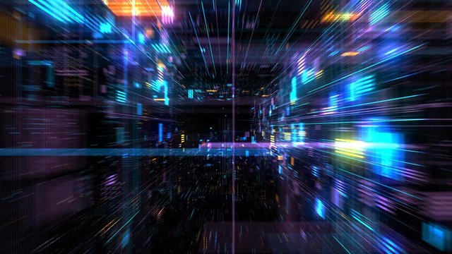 Futuristic HUD tunnel seamless VJ loop. HUB display screens ffor tech titles and background, news headline business intro. Motion graphic for abstract datacenter, server, internet, speed. 4K 3D render
