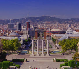 the Magic Fountains and columns of Barcelona city, Spain