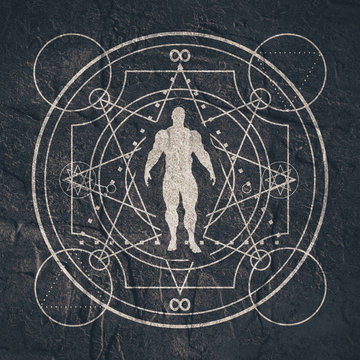 Mystery, witchcraft, occult and alchemy tattoo sign. Mystical vintage gothic geometry thin lines symbol with silhouette of a muscular man