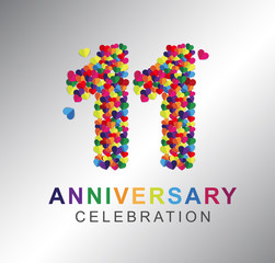 11th anniversary design logotype paper hearts multicolor for celebration