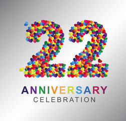 22nd anniversary design logotype paper hearts multicolor for celebration