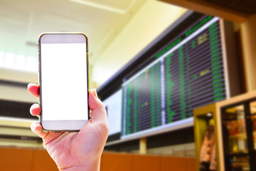 People hand use cellphone at the hall airport background with copy space on screen for using mobile app about activities in the airport or checking flight plan