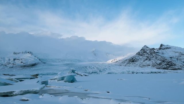 Time-lapse footage of dramatic icelandic landscape. Scenic view of icebergs in Jokulsarlon Glacier Lagoon, Iceland.