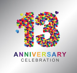 13th anniversary design logotype paper hearts multicolor for celebration