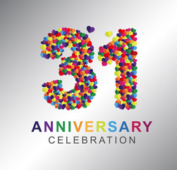31st anniversary design logotype paper hearts multicolor for celebration