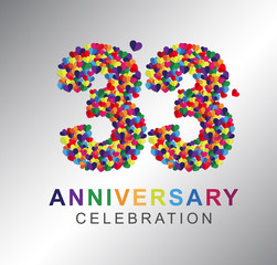 33rd anniversary design logotype paper hearts multicolor for celebration