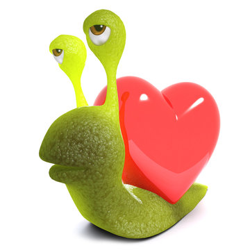 3d Funny cartoon snail bug character carrying a heart instead of a shell