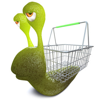 3d Funny cartoon snail bug character carrying a shopping basket