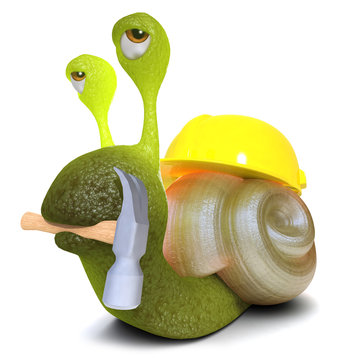 3d Funny cartoon snail bug character wearing a hard hat and holding a hammer