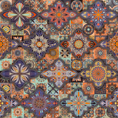 Seamless pattern with decorative mandalas. Vintage mandala elements. Colorful patchwork.