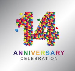 Number fourteen, 14th years made from multicolor hearts. Love alphabet. anniversary, aniversary, fourteen years anniversary celebration logotype. 14th anniversary logo. fourteen years.