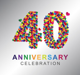Number forty, 40th years made from multicolor hearts. Love alphabet. anniversary, aniversary, forty years anniversary celebration logotype. 40th anniversary logo. forty years.