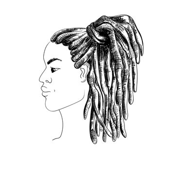 Portrait of man with dreadlocks in profile. Isolated on white background. Black and white vector illustration in sketch style