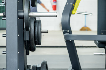 Fitness equipment in sport gym club. Close-up shot.