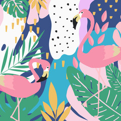 Tropical jungle leaves background with flamingos. Summer vector illustration design. Flamingo background. Exotic background poster. Tropical leaves art print - obrazy, fototapety, plakaty