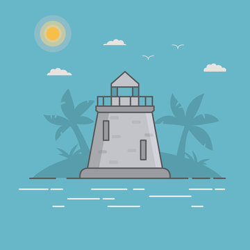 Lighthouse building of lighting the coast of sea. In linear style a vector. A landscape sea with waves and seagulls.Beacon against the background of palm trees in flat style a vector
